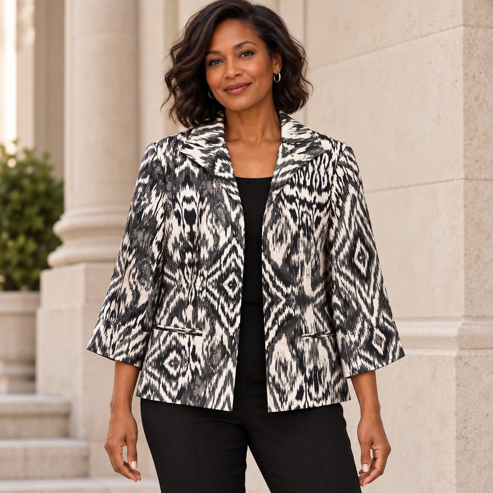 Lafayette 148 Blazer Cotton Viscose Womens 8 Black White Ikat 3/4 Sleeve Jacket